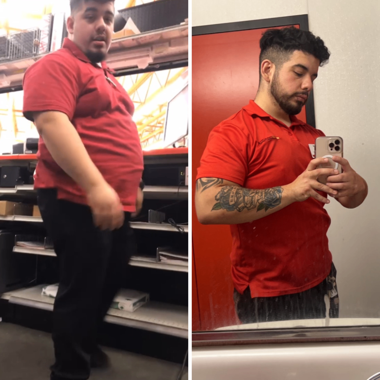 HEAT client before and after transformation in red shirt